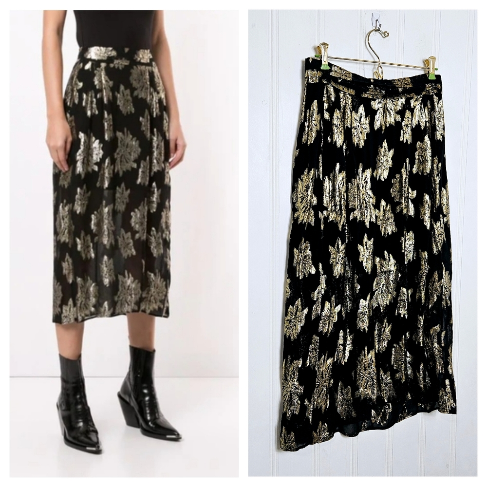 IRO Paris Braina Midi Skirt 38 6 Metallic Gold Floral Brocade Sheer Black Lurex